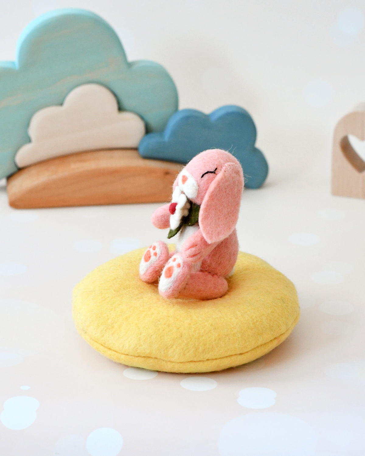 Felt Bunny Rabbit with Flower on Cushion – Tara Treasures