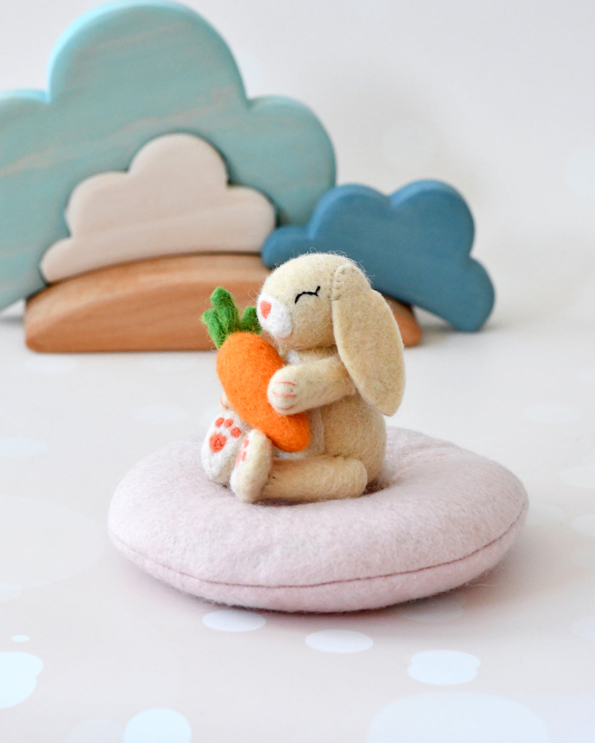 Felt Bunny Rabbit with Carrot on Cushion – Tara Treasures