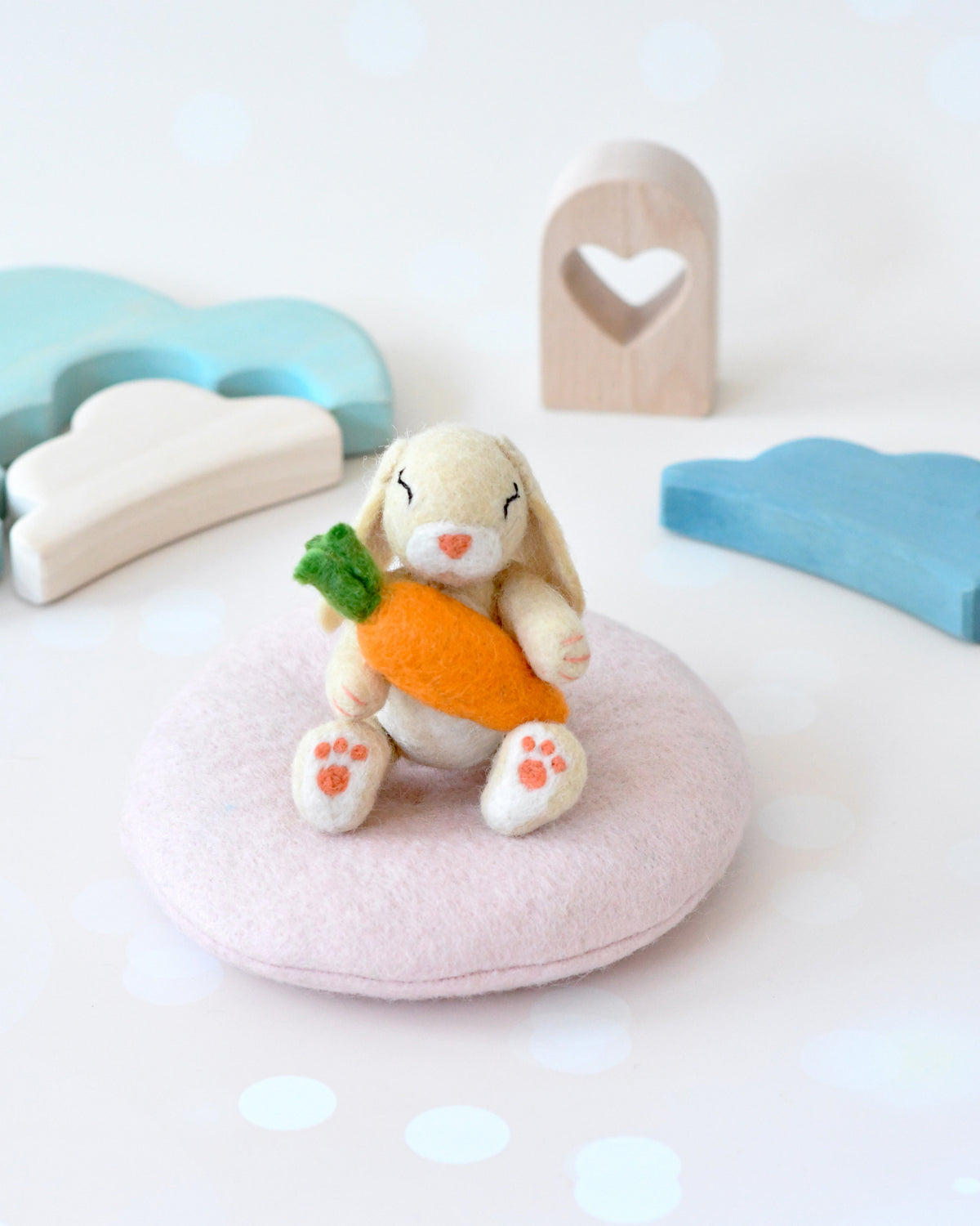 Felt Bunny Rabbit with Carrot on Cushion – Tara Treasures