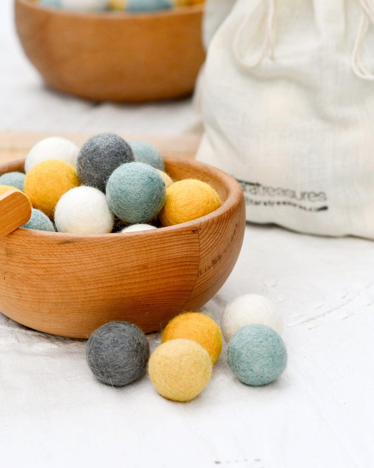 Wool Felt Balls in a Pouch - Yellow and Grey Tones 3cm 30 balls - Tara Treasures