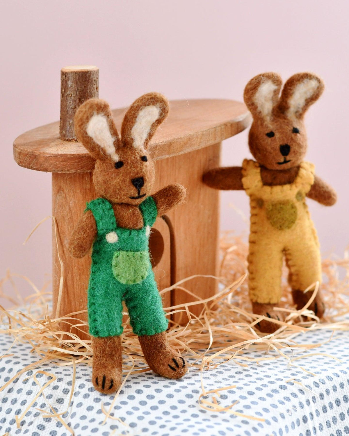 Felt Brown Hare Rabbit with Green Overalls Toy - Tara Treasures