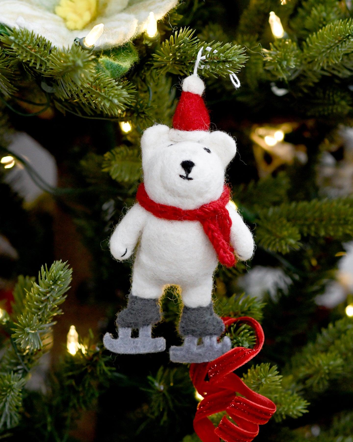 Felt Polar Bear with Ice Skates Ornament - Tara Treasures