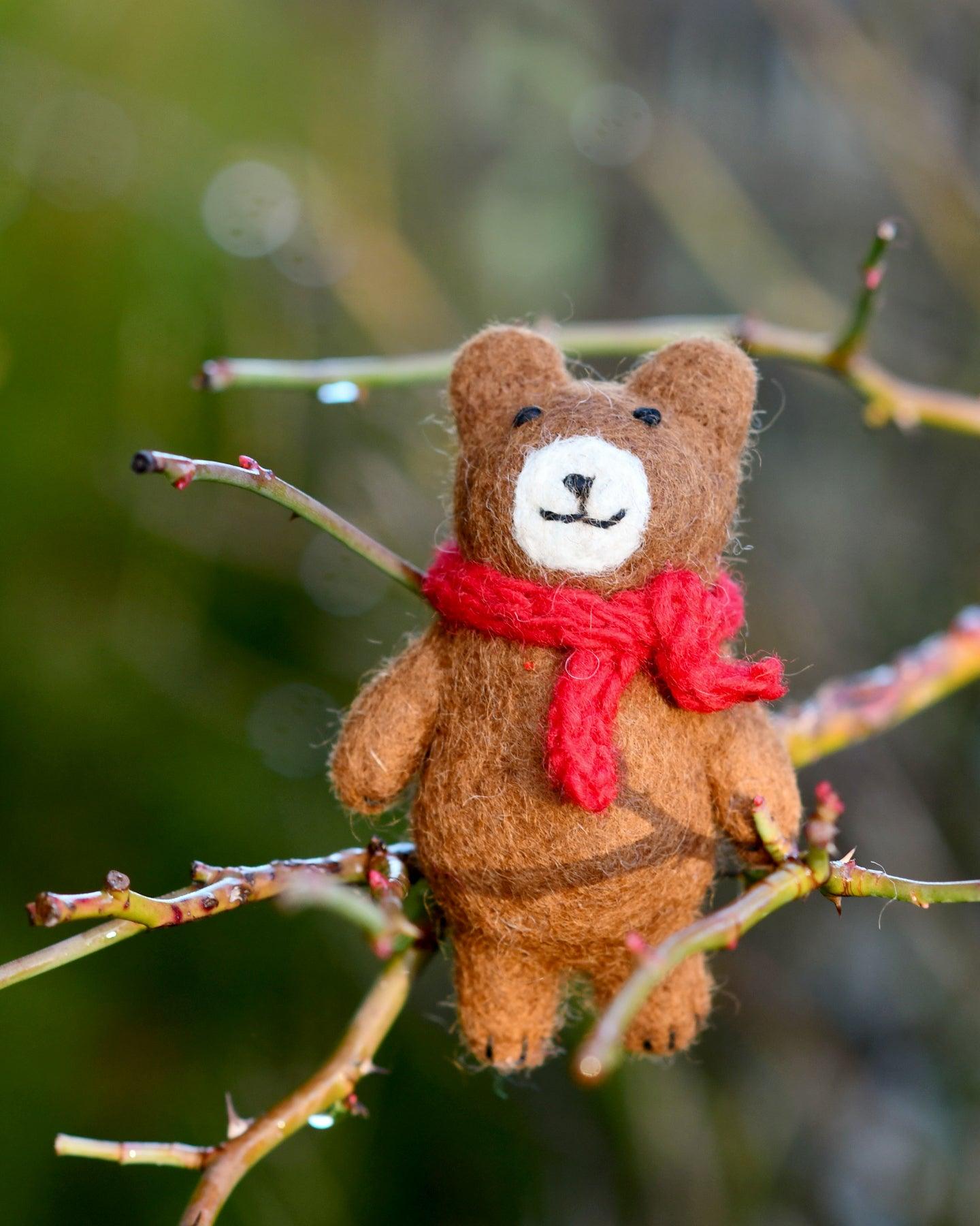 Felt Brown Bear with Red Scarf Toy - Tara Treasures