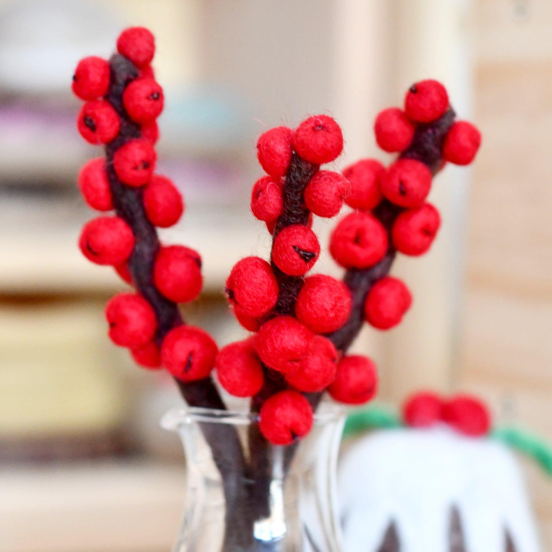 Felt Red Winter Berry Stems (Set of 3) - Tara Treasures