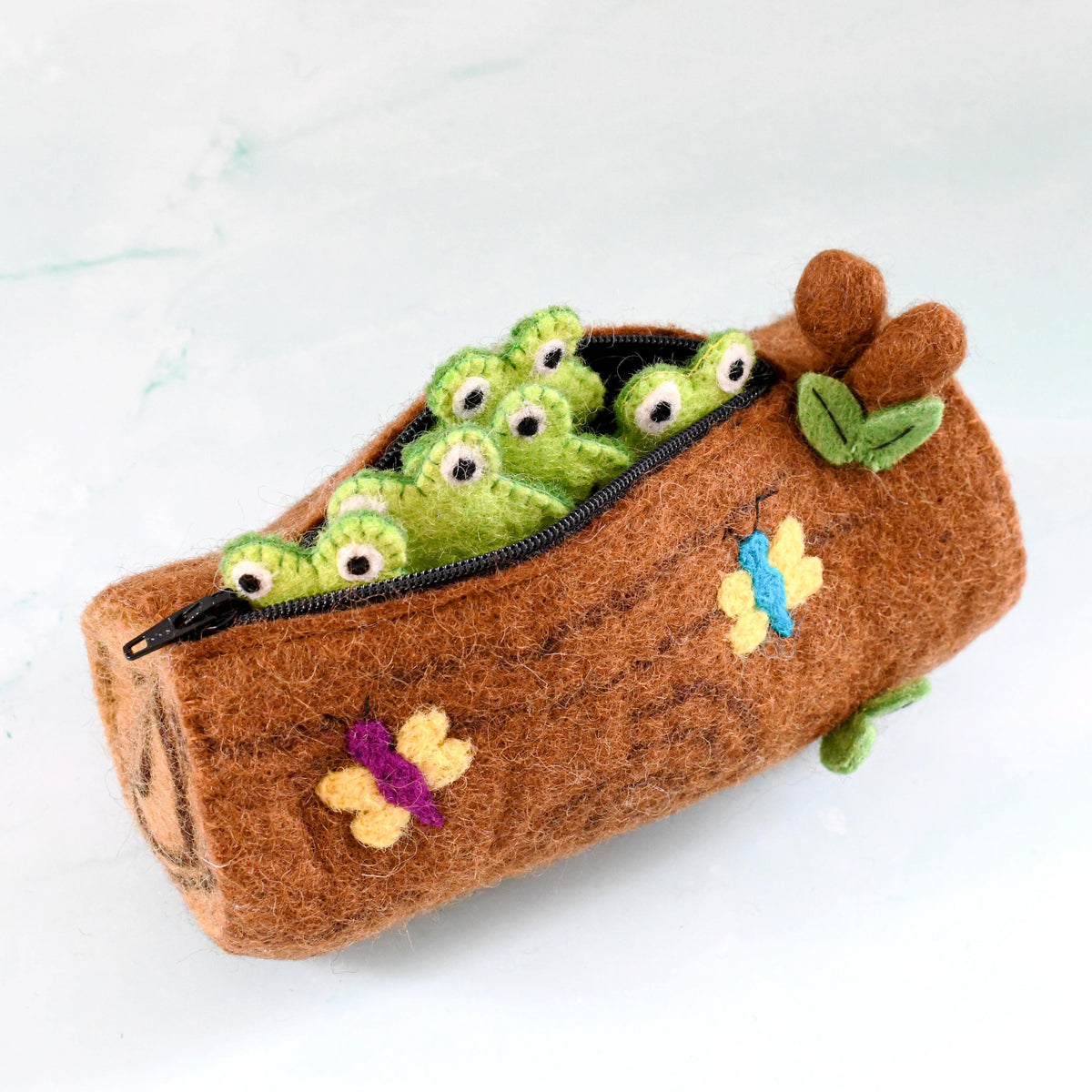 5 Little Speckled Frogs with Log Bag, Finger Puppet Set - Tara Treasures