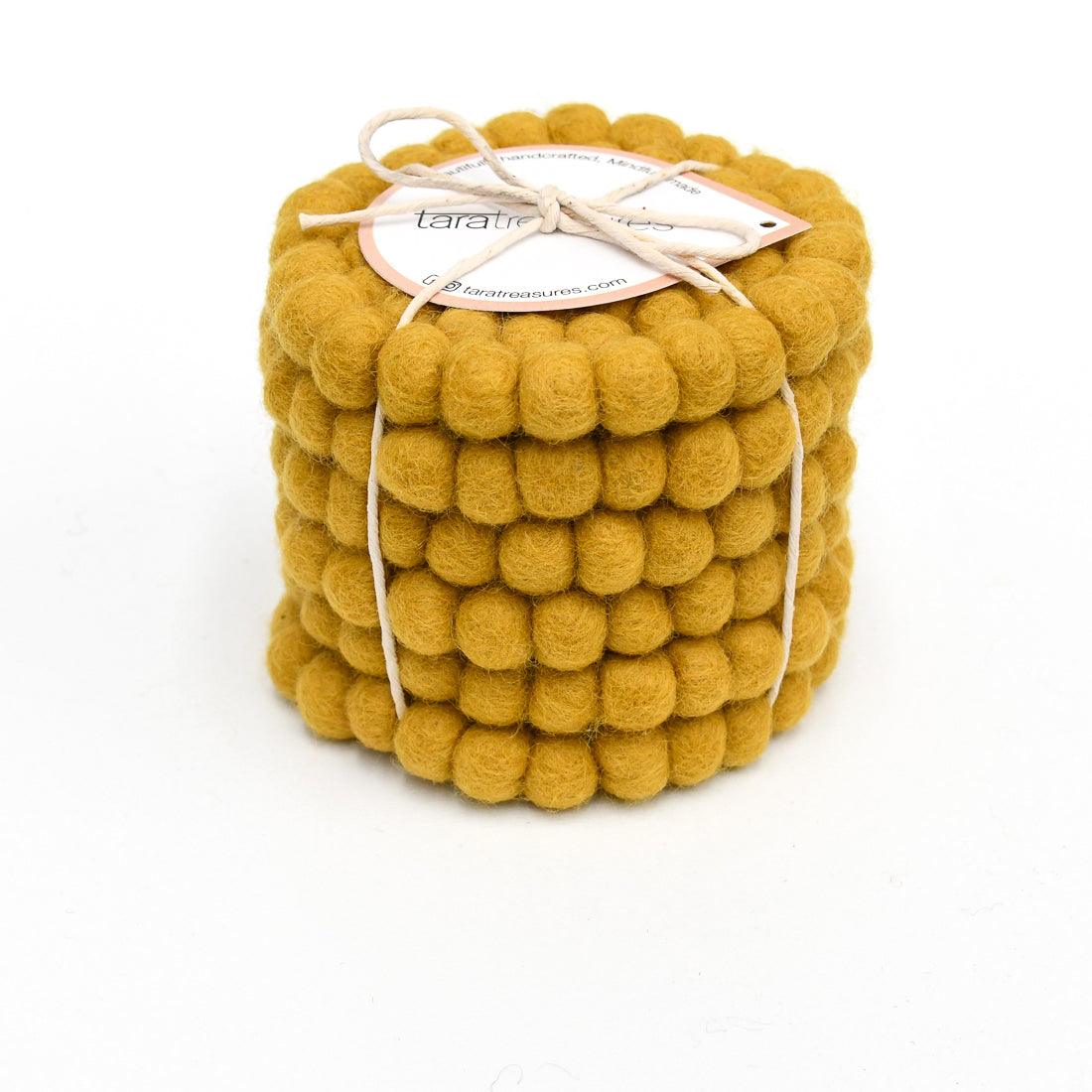 Felt Ball Cup Coasters - Mustard Yellow Bundle of 6 - Tara Treasures