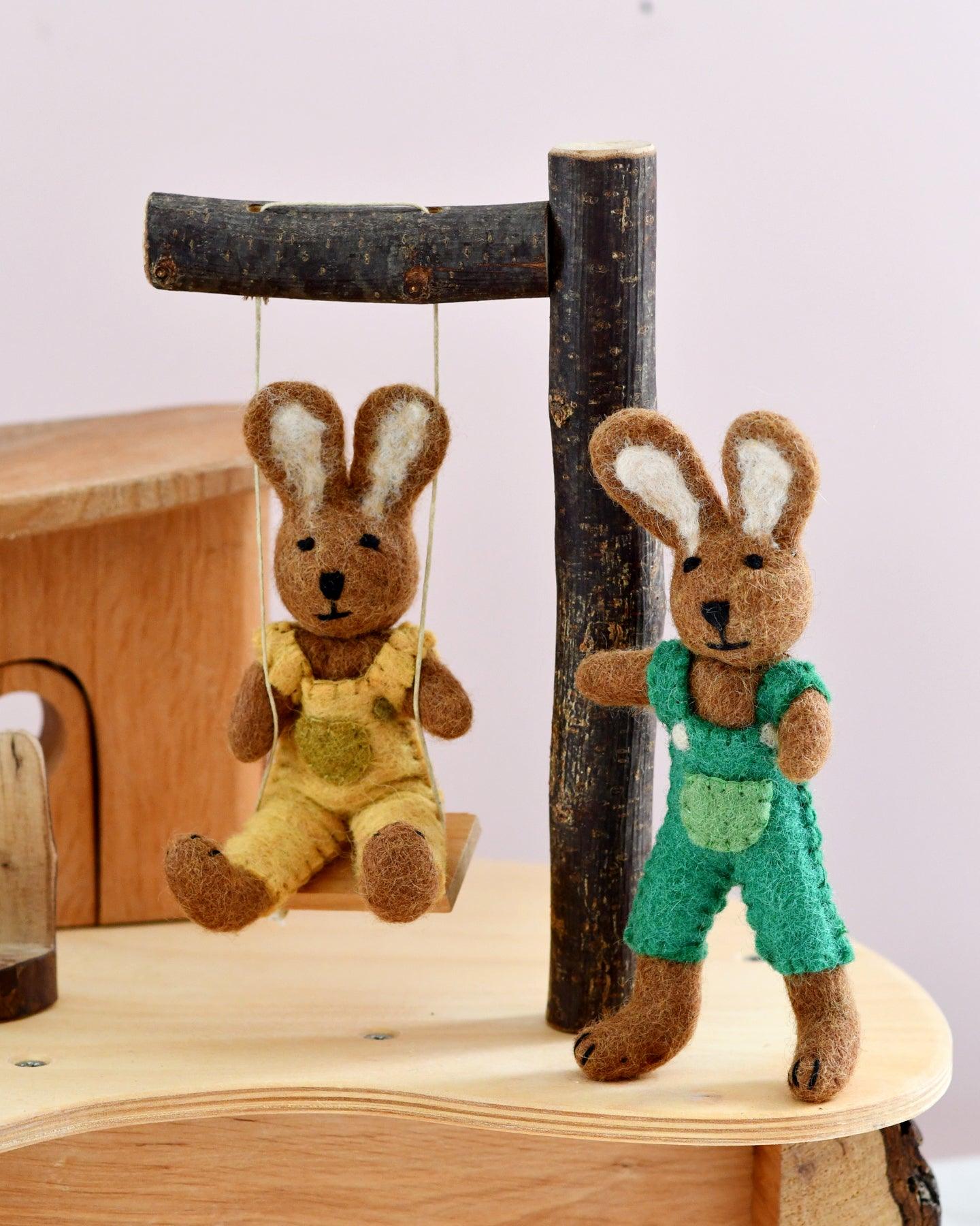 Felt Brown Hare Rabbit with Green Overalls Toy - Tara Treasures