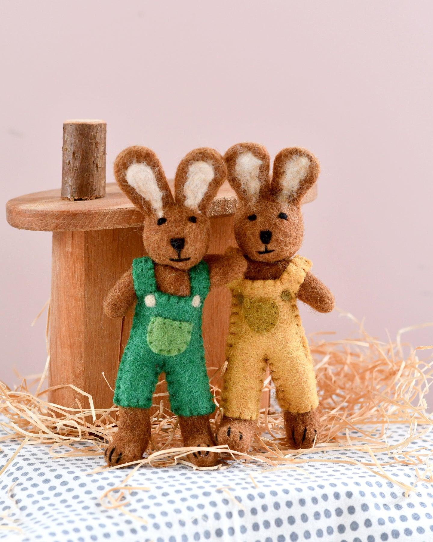 Felt Brown Hare Rabbit with Mustard Yellow Overalls Toy - Tara Treasures