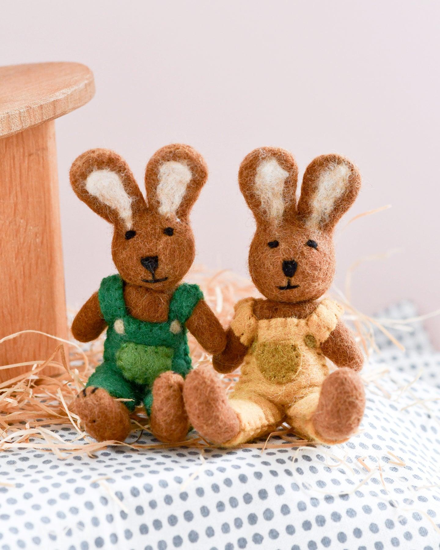 Felt Brown Hare Rabbit with Mustard Yellow Overalls Toy - Tara Treasures