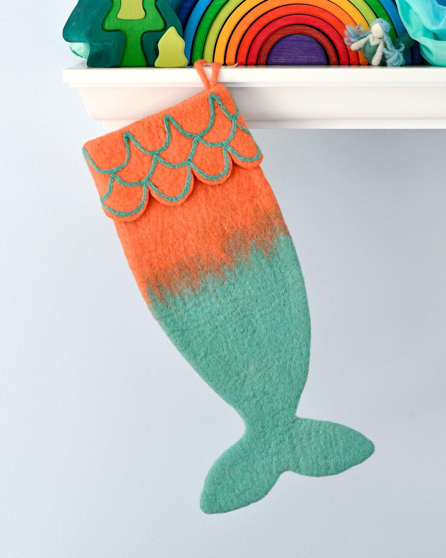 Felt Mermaid Christmas Stocking - Orange-Turquoise Colours - Tara Treasures