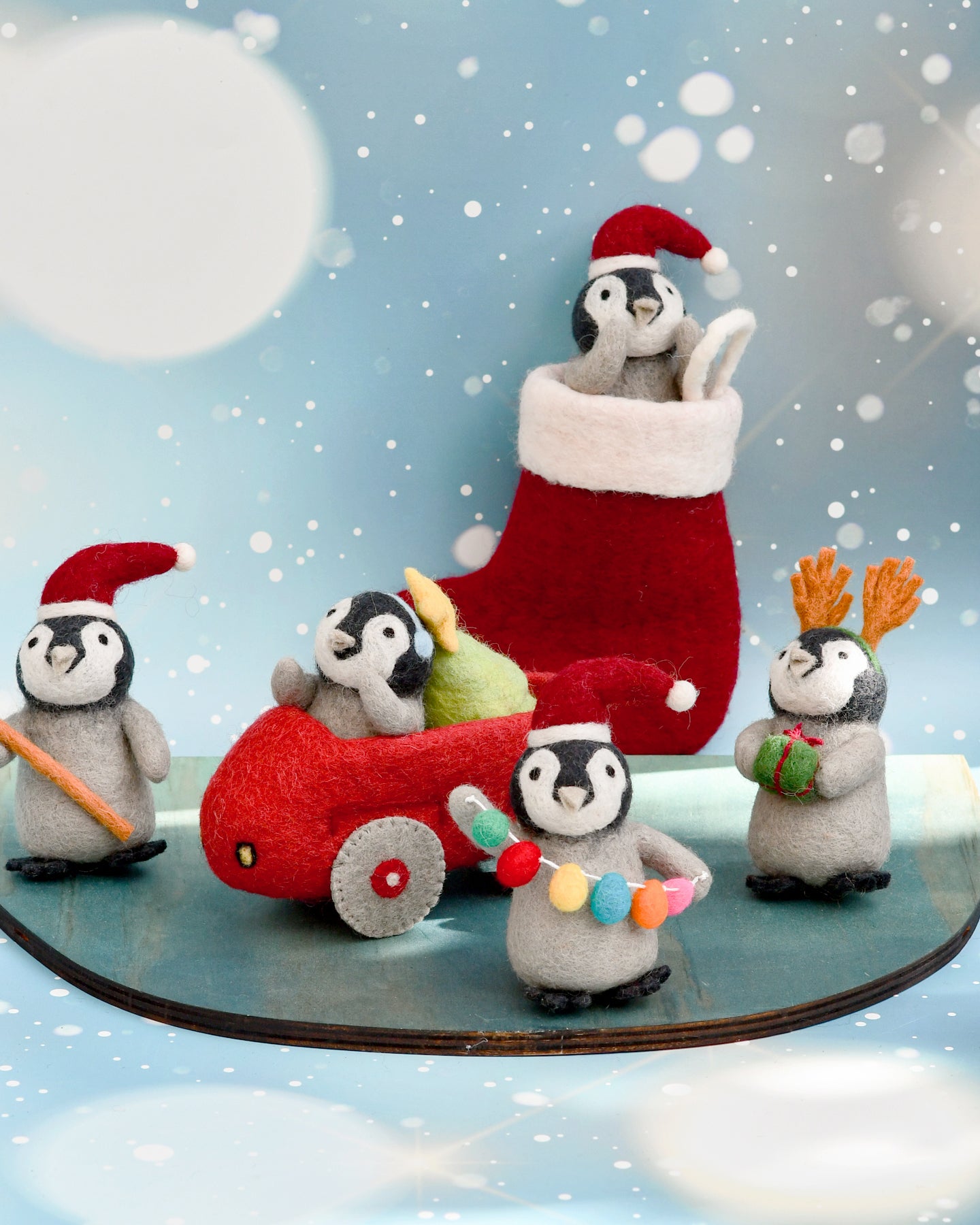 Felt Penguin in Toy Car and Christmas Tree