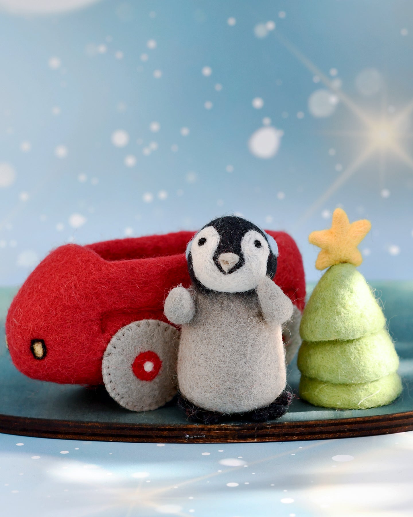 Felt Penguin in Toy Car and Christmas Tree