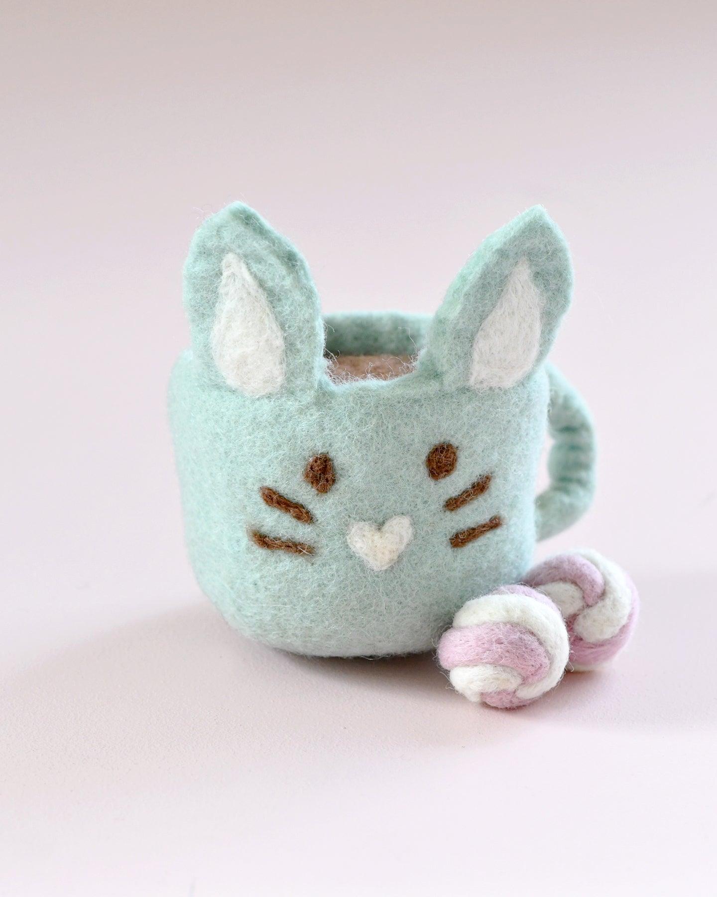Felt Bunny Hot Chocolate Mug with Marshmallows (Mint Green Cup) - Tara Treasures