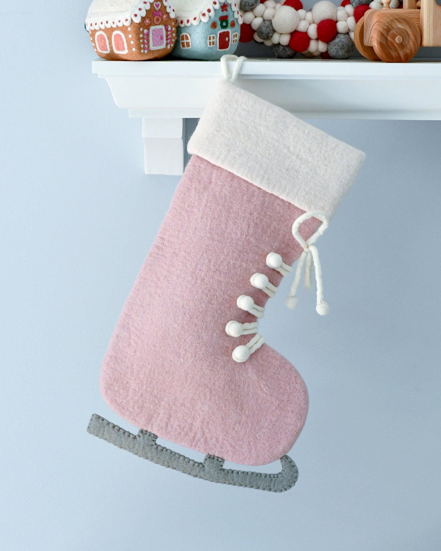 Felt Pink Ice Skate Christmas Stocking - Tara Treasures
