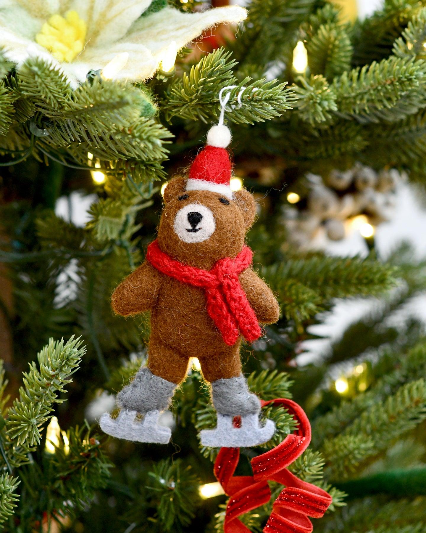 Felt Brown Bear with Ice Skates Ornament - Tara Treasures