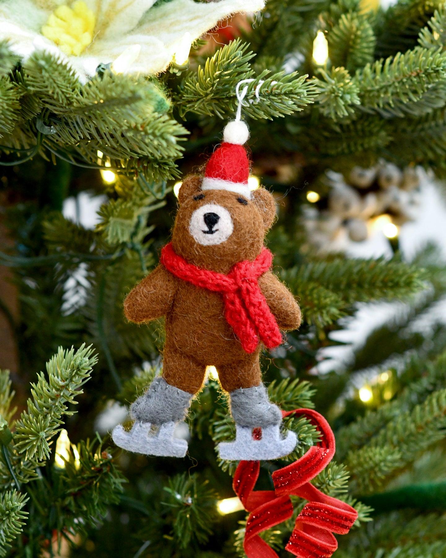 Felt Brown Bear with Ice Skates Ornament - Tara Treasures