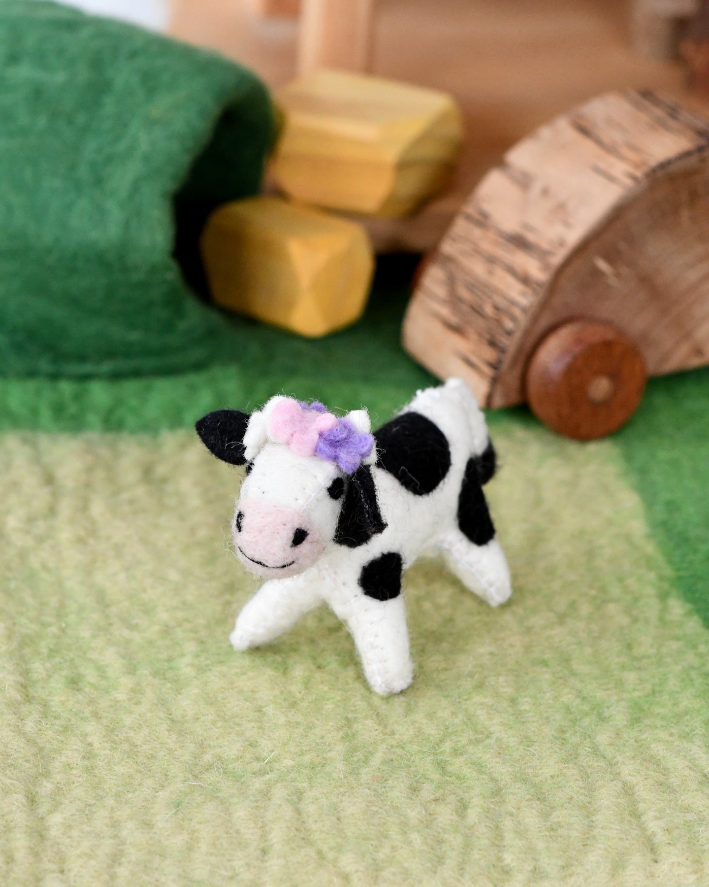Felt Spotted Cow Toy with Flowers