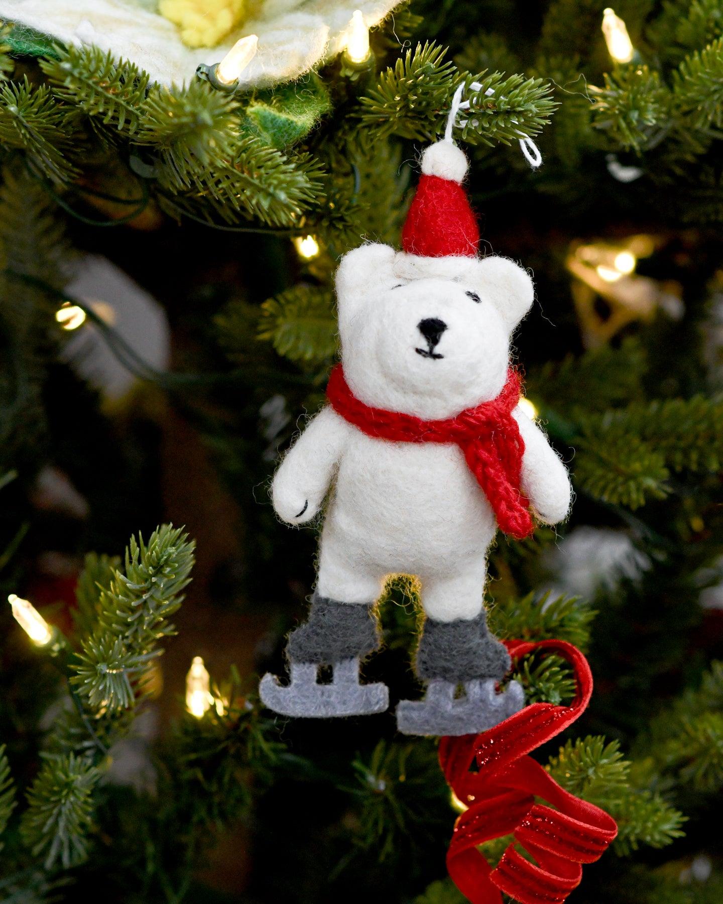 Felt Polar Bear with Ice Skates Ornament - Tara Treasures