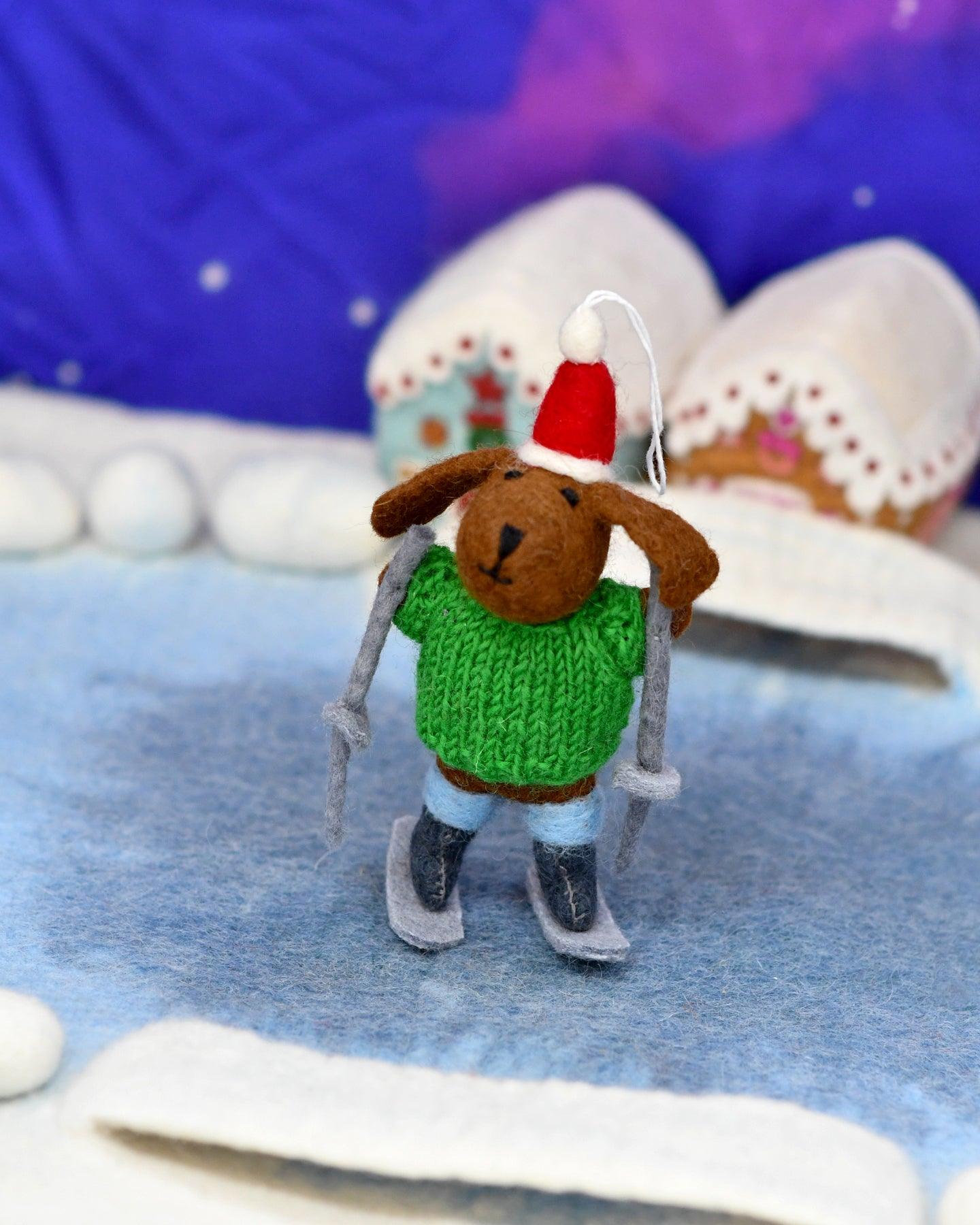 Felt Dog with Knitted Sweater on Skis Ornament - Tara Treasures