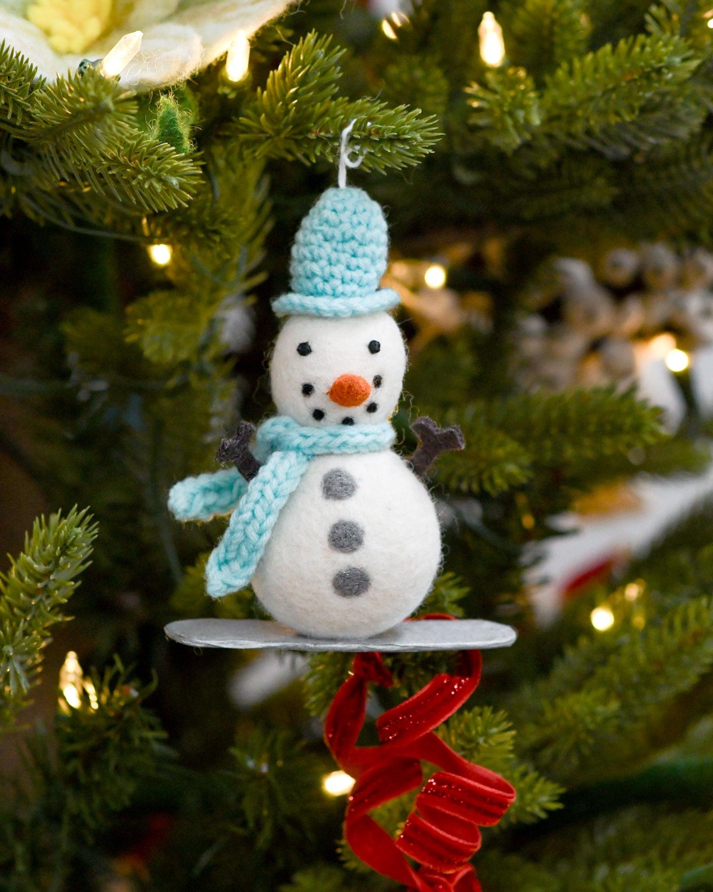 Felt Snowman on Snowboard Ornament - Tara Treasures