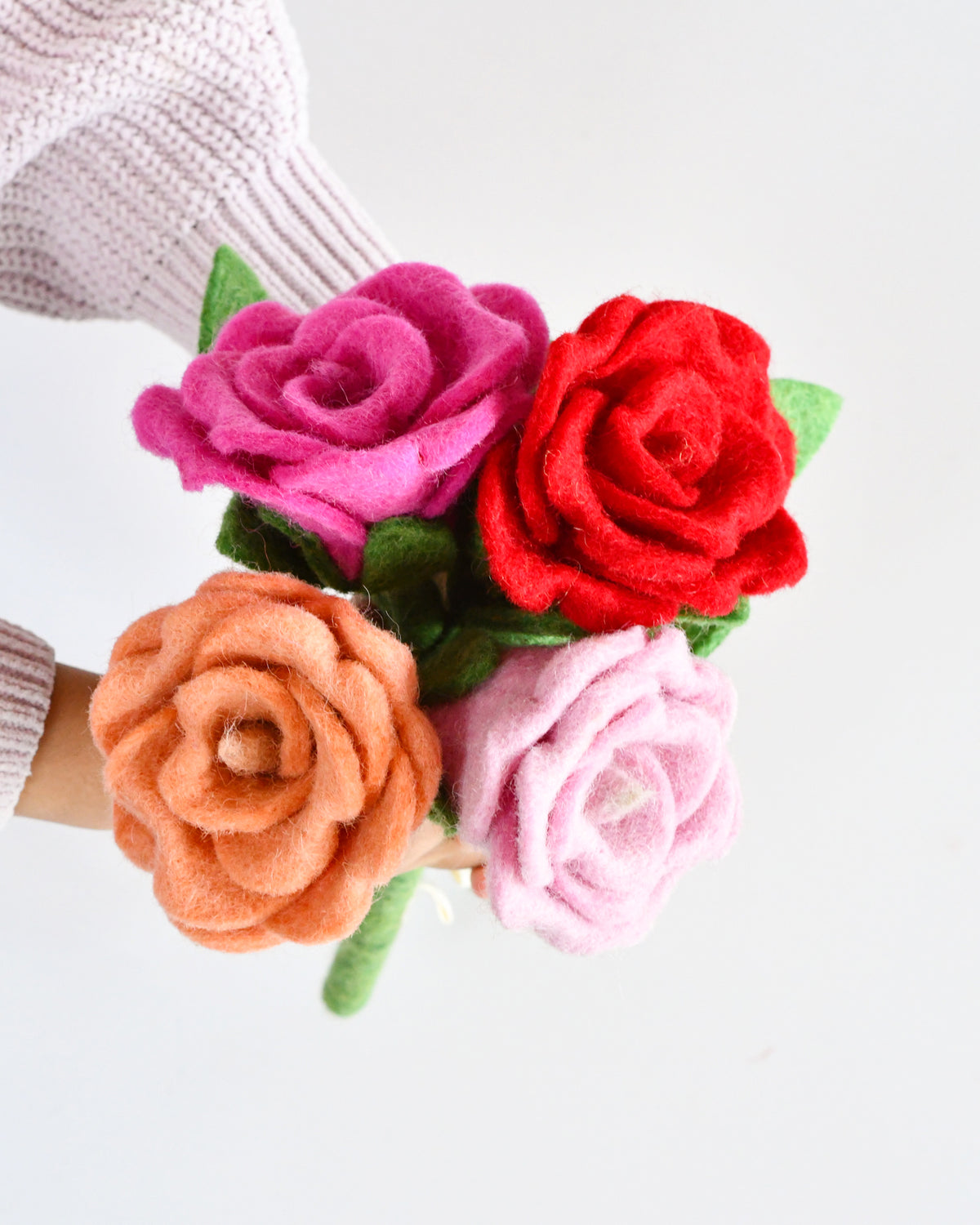 Felt Red Rose with Leaves Flower