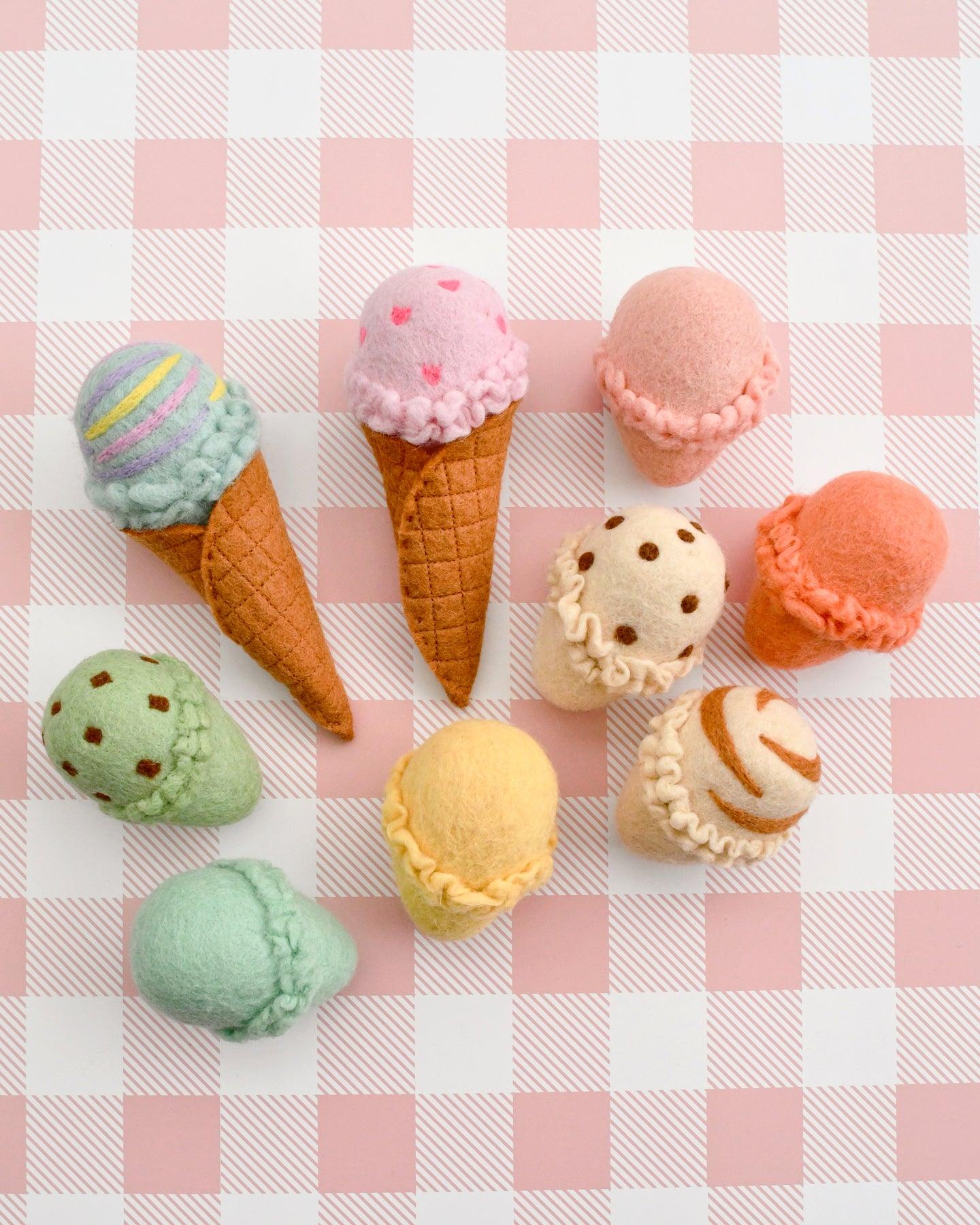 Felt Ice Cream Set - Waffle Cones and 9 Ice Cream Scoops - Tara Treasures