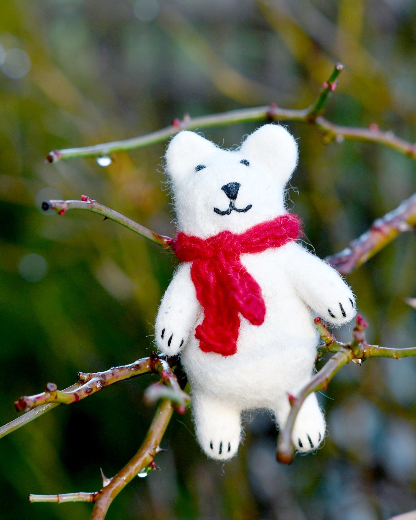 Felt Polar Bear with Red Scarf Toy - Tara Treasures