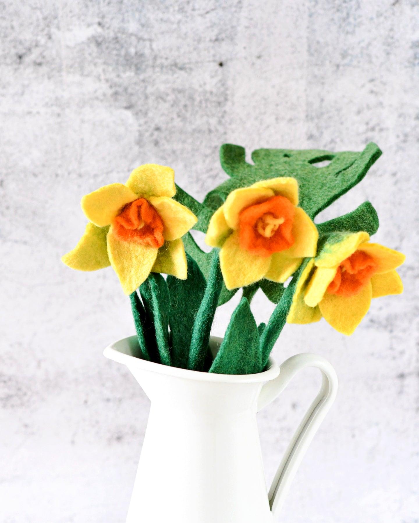 Felt Daffodils Floral Bouquet - Daffodils and Monstera Leaf - Tara Treasures