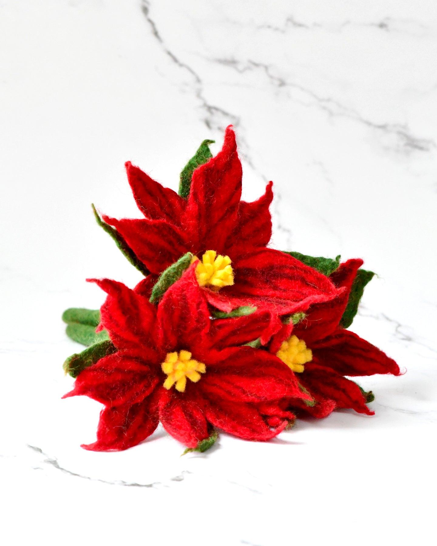 Felt Red Poinsettia Flowers (Set of 3 stems) - Tara Treasures