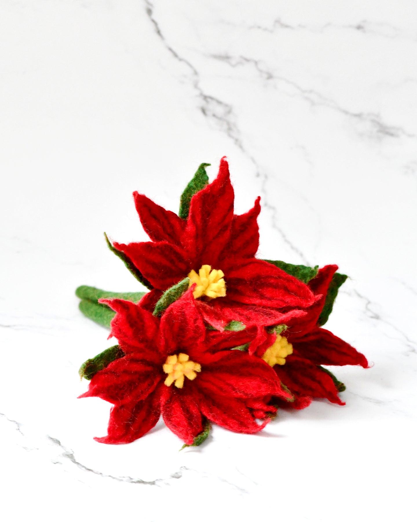 Felt Red Poinsettia Flowers (Set of 3 stems) - Tara Treasures
