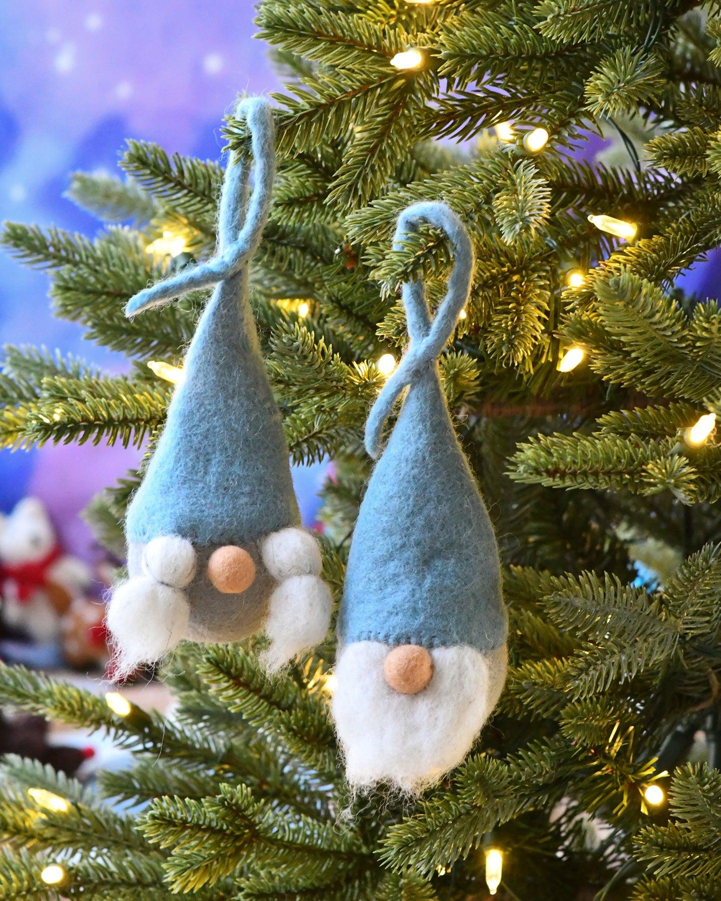 Felt Christmas Grey-Blue Santa Gnome Baubles (Pair) - Tara Treasures