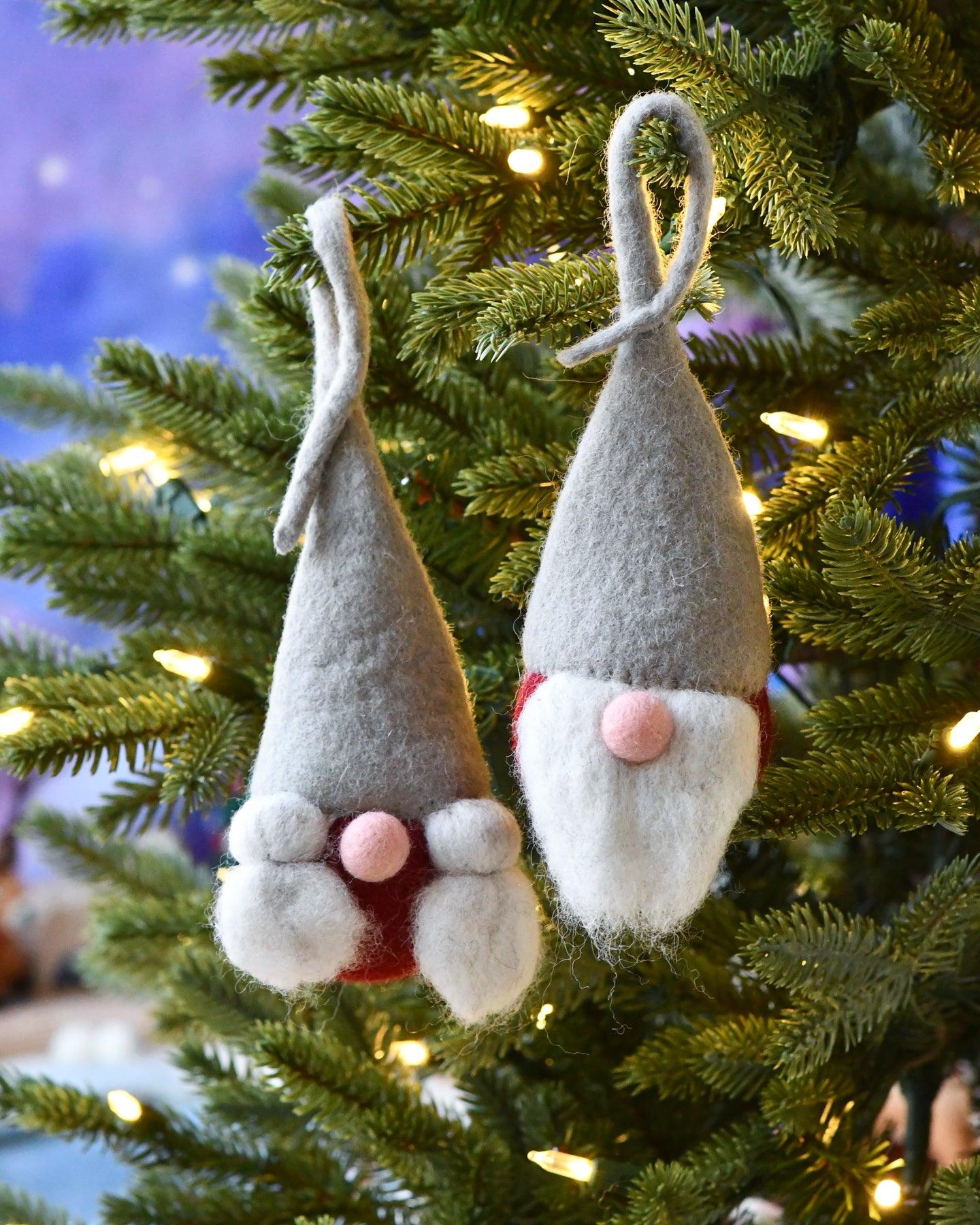 Felt Christmas Grey-Red Santa Gnome Baubles (Pair) - Tara Treasures