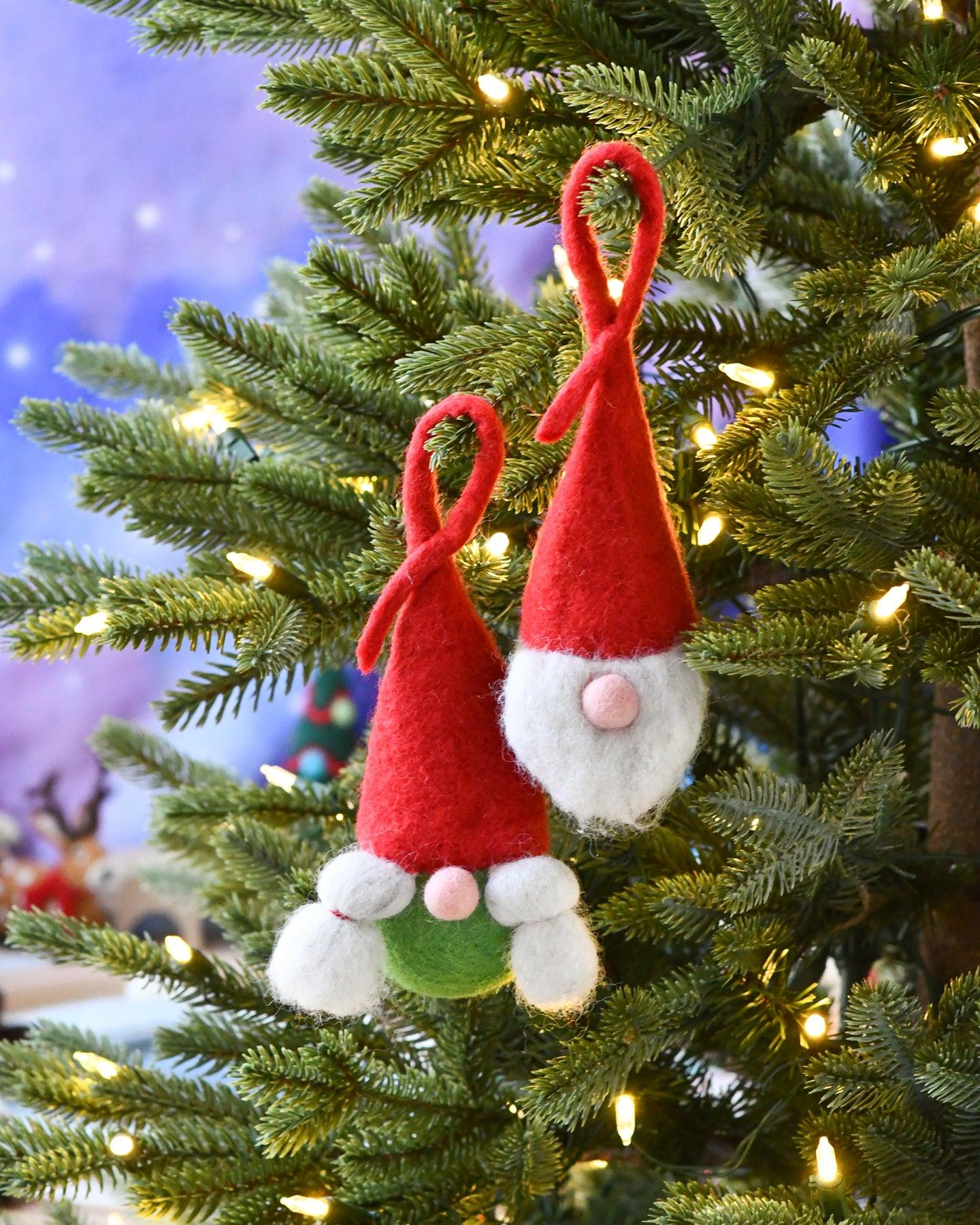 Felt Christmas Green-Red Santa Gnome Baubles (Pair) - Tara Treasures