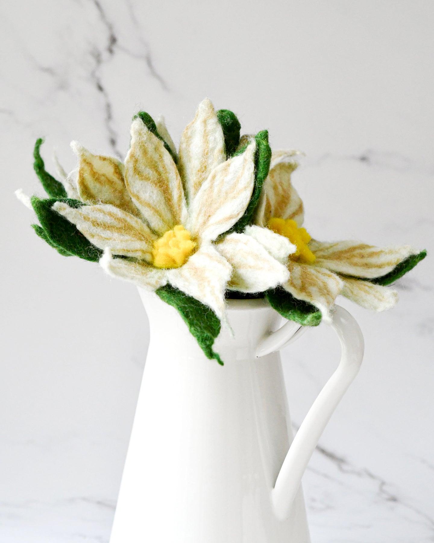 Felt White Poinsettia Flowers (Set of 3 stems) - Tara Treasures