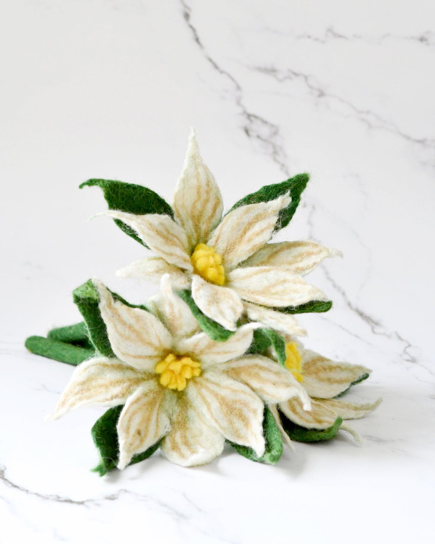 Felt White Poinsettia Flowers (Set of 3 stems) - Tara Treasures