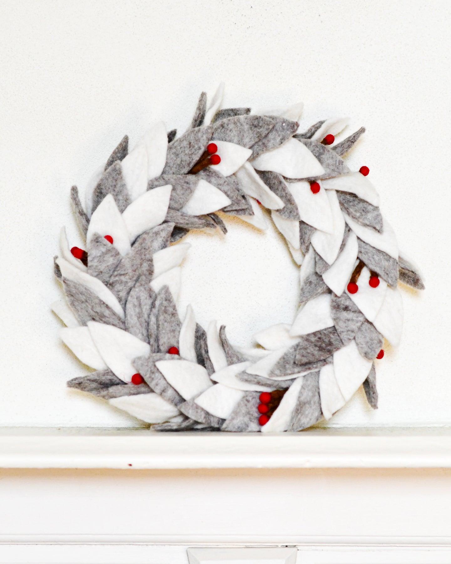 Felt Frosted Grey and White Leaves Wreath - Tara Treasures