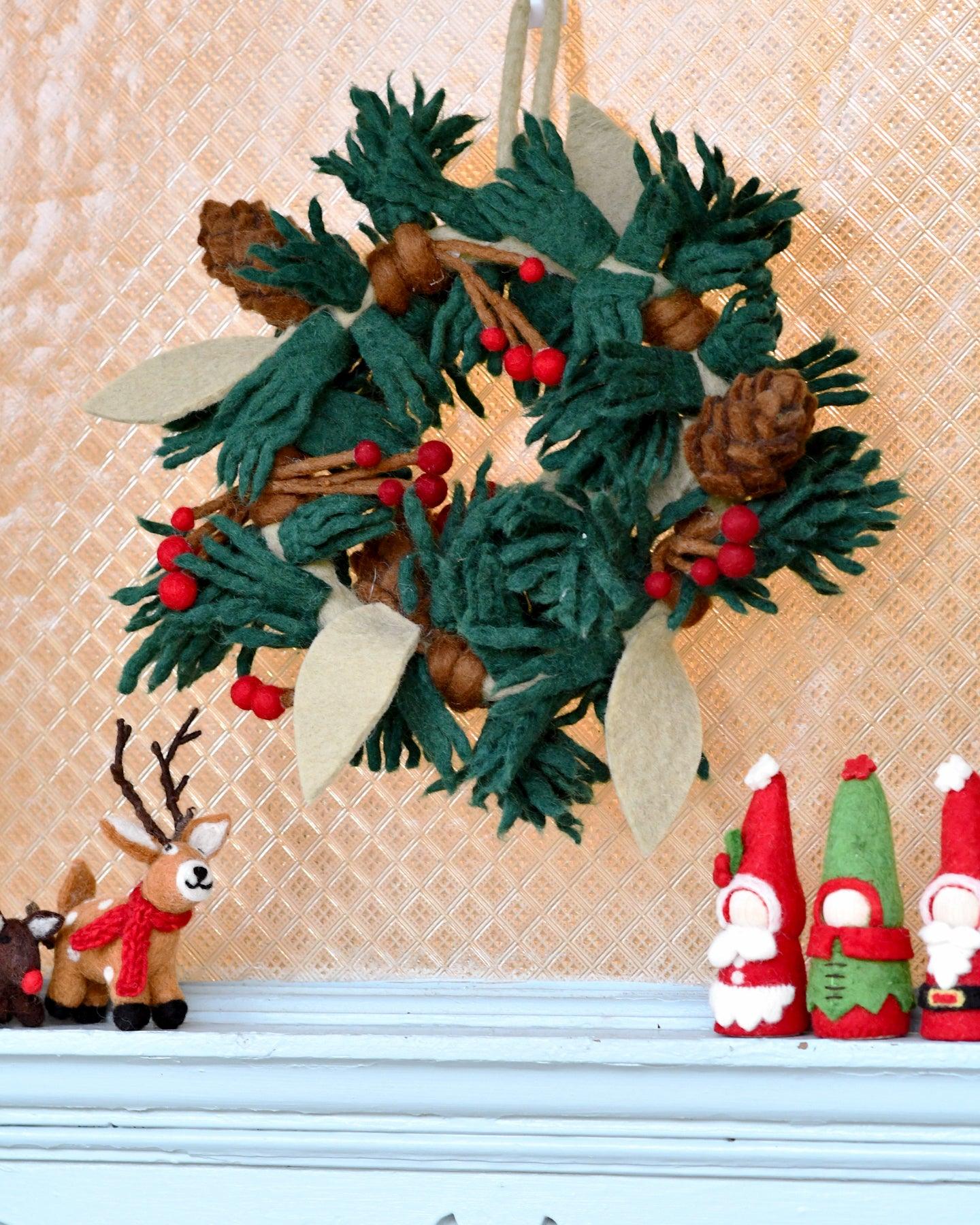 Felt Christmas Pine Cones and Holly Berries Wreath - Tara Treasures