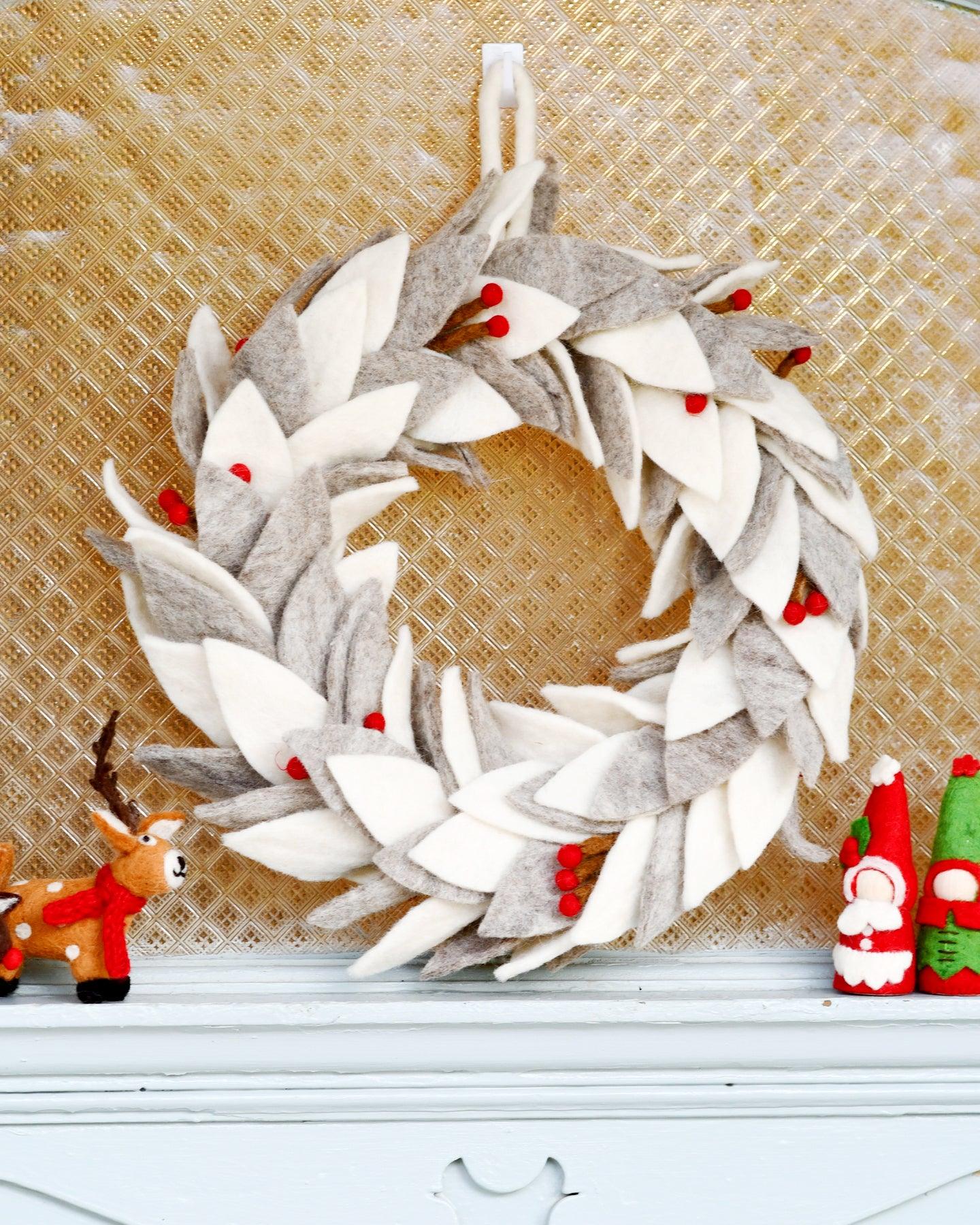 Felt Frosted Grey and White Leaves Wreath - Tara Treasures