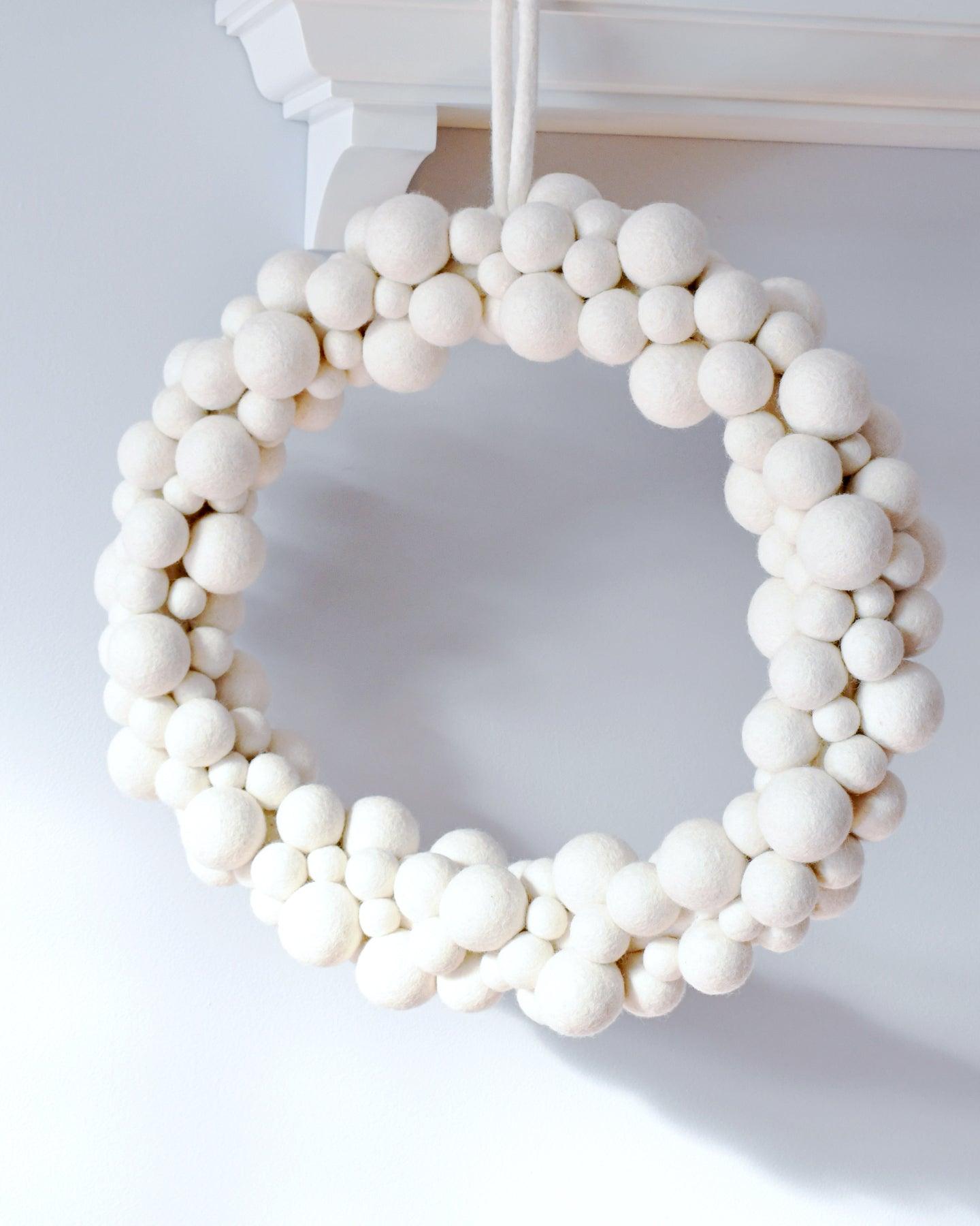 Large White Felt Ball Wreath (50cm) - Tara Treasures