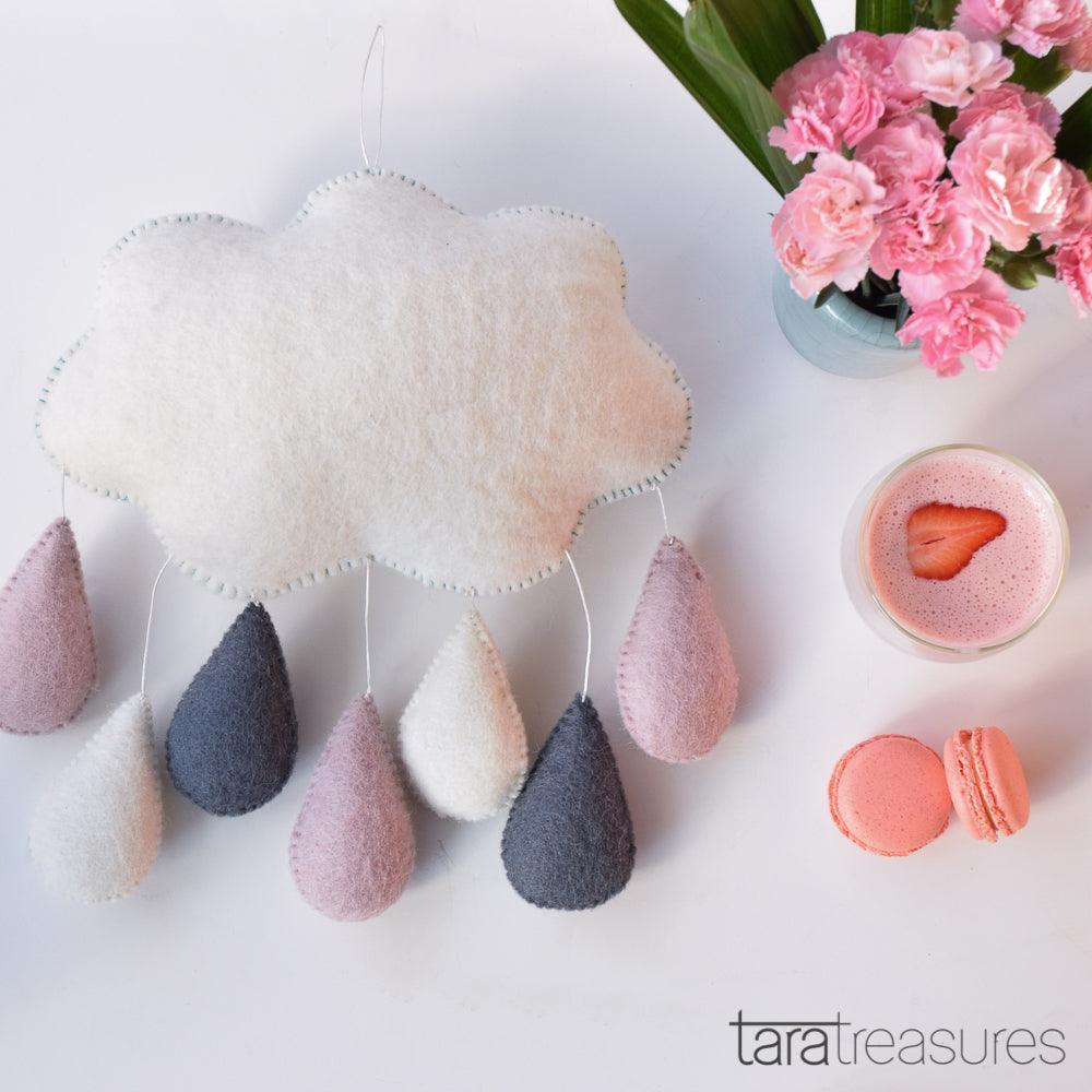 Cloud Nursery Mobile - Pink and Grey Raindrops - Tara Treasures