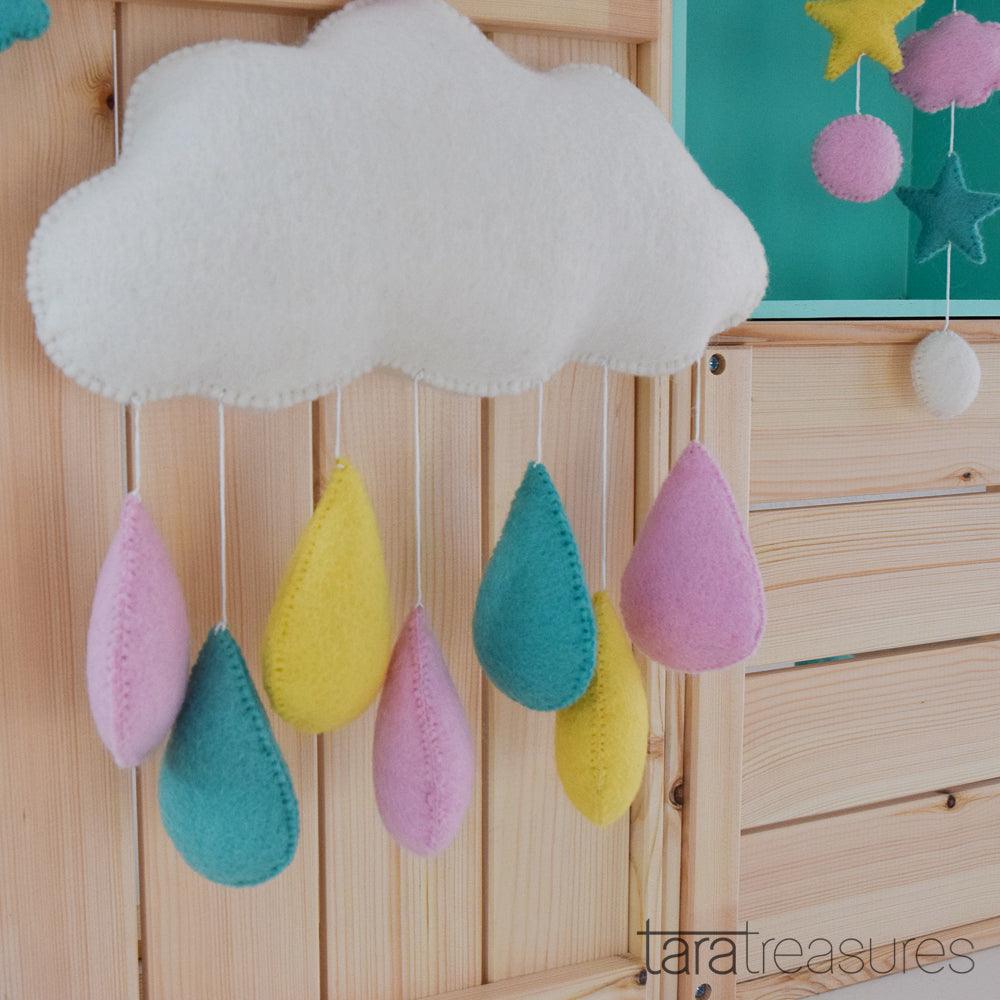 Cloud Nursery Mobile - Pink, Blue and Yellow Raindrops - Tara Treasures