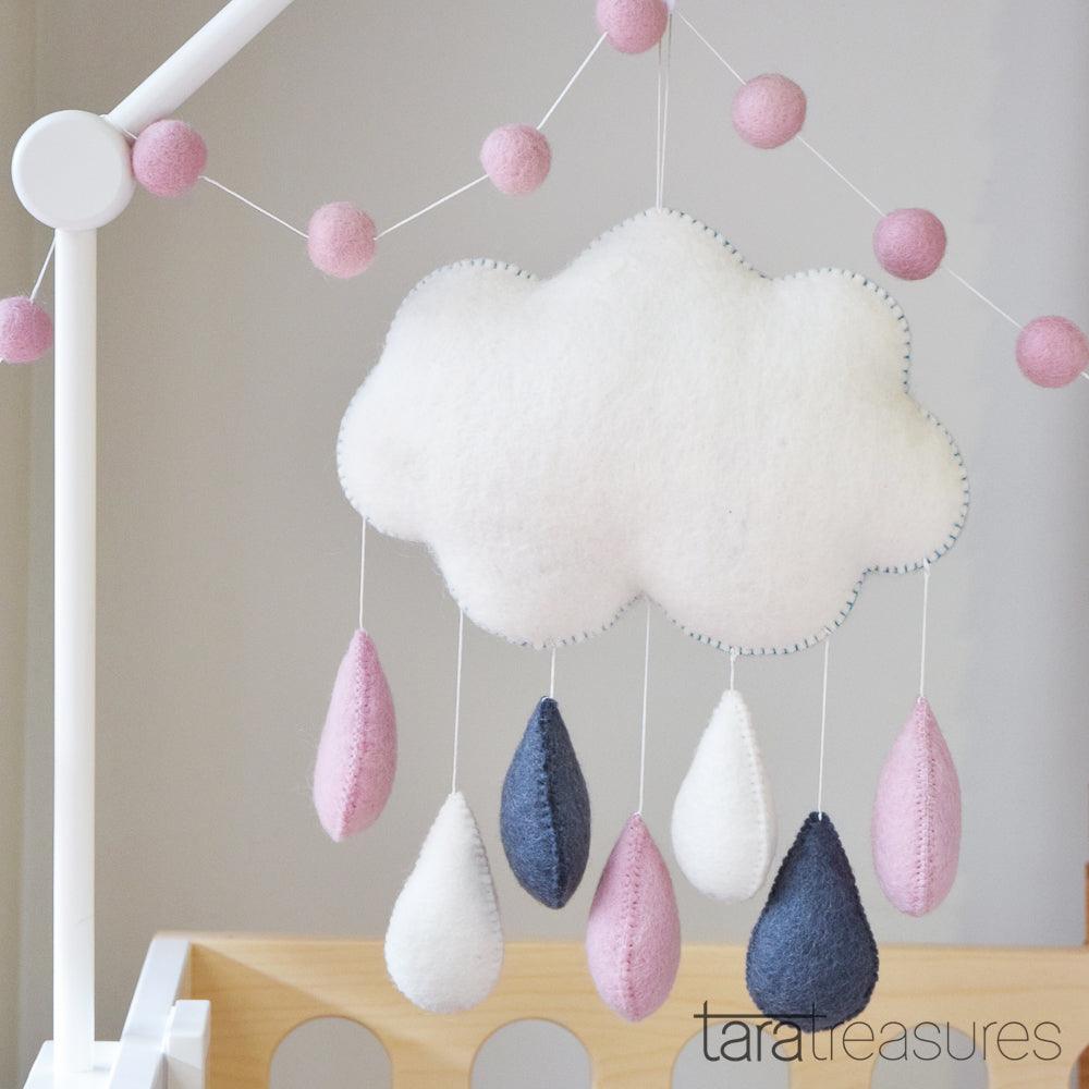 Cloud Nursery Mobile - Pink and Grey Raindrops - Tara Treasures