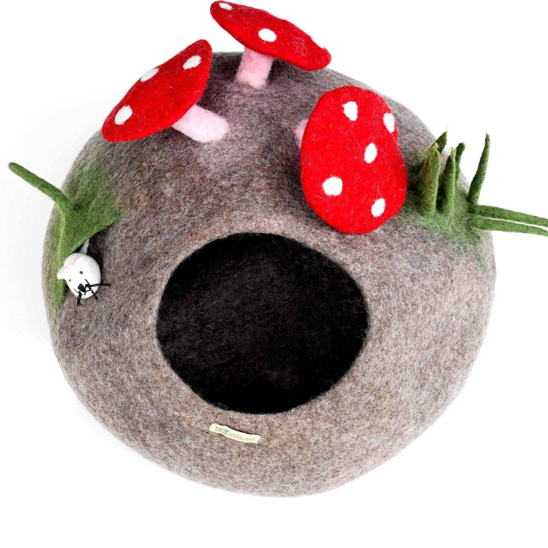 Toadstool Cat Cave with Mouse Toy - Tara Treasures