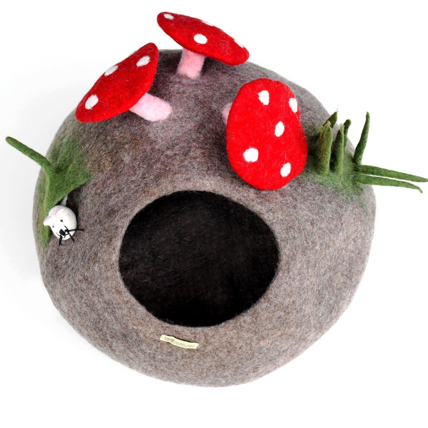 Toadstool Cat Cave with Mouse Toy - Tara Treasures