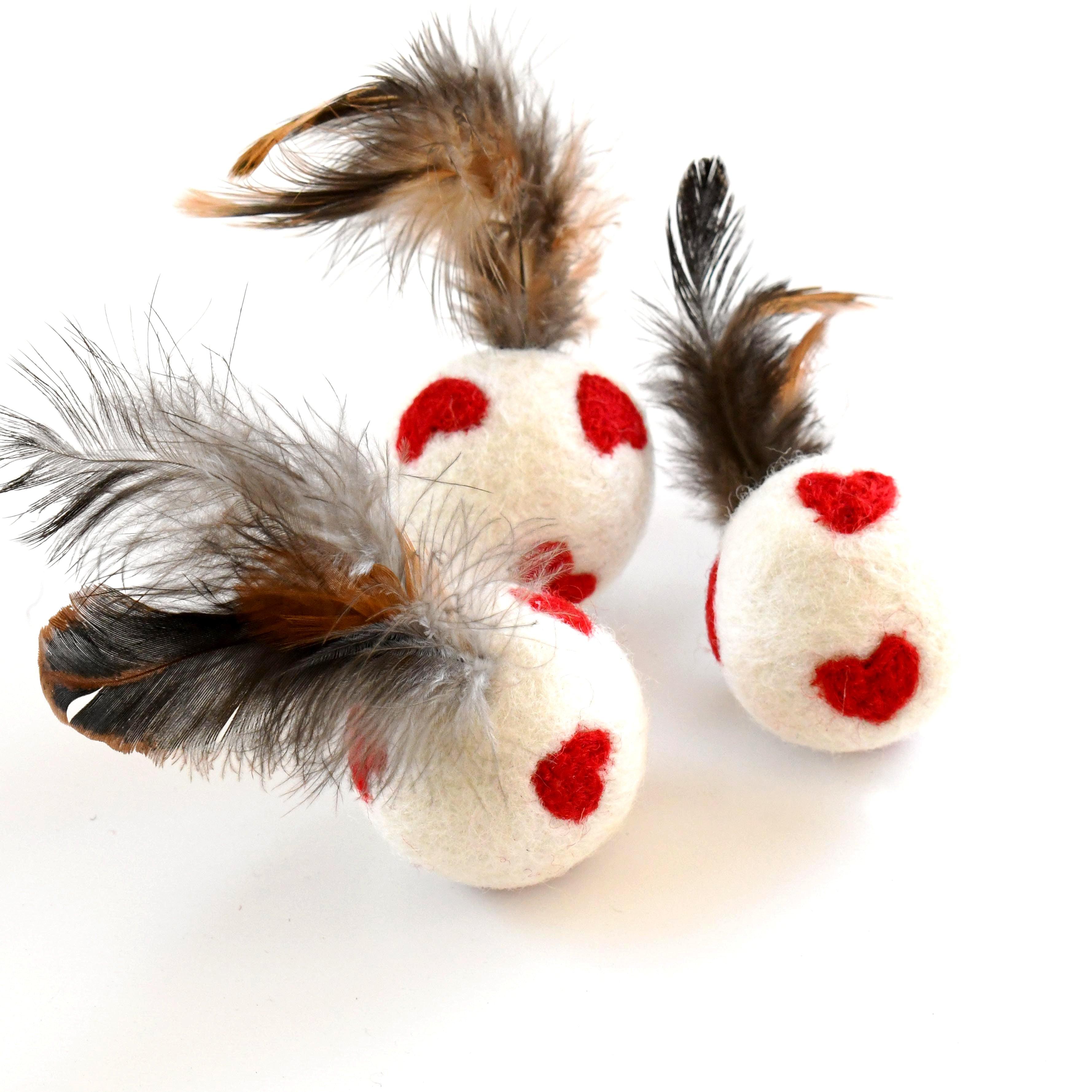 Feather Cat Balls with Red Hearts - Set of 3 - Tara Treasures