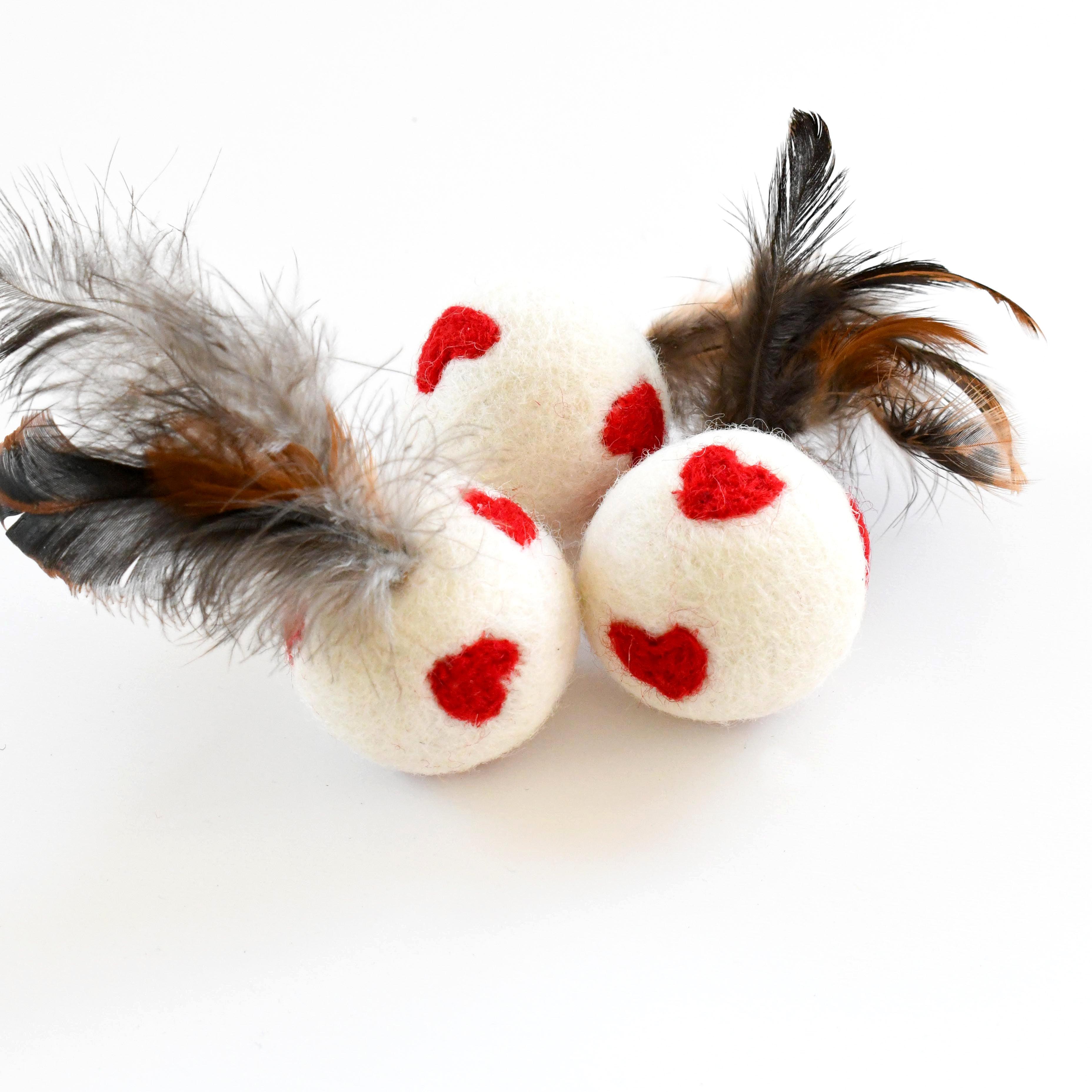 Feather Cat Balls with Red Hearts - Set of 3 - Tara Treasures