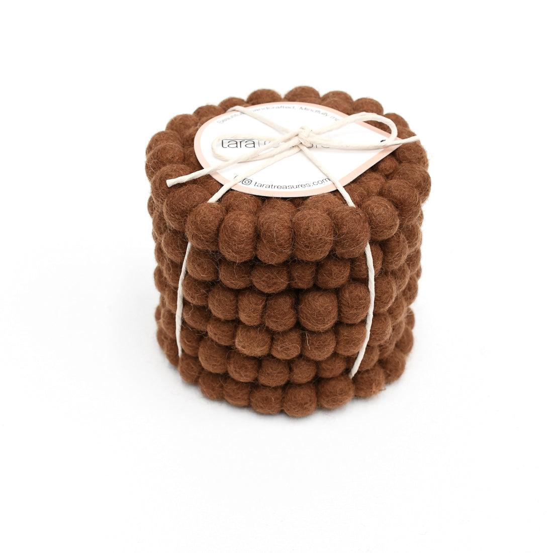 Felt Ball Cup Coasters - Chestnut Brown Bundle of 6 - Tara Treasures