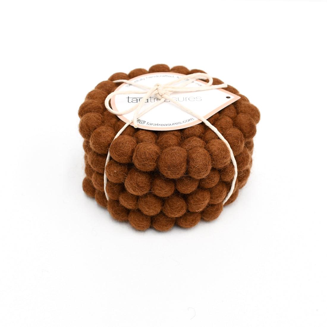 Felt Ball Cup Coasters - Chestnut Brown Bundle of 4 - Tara Treasures