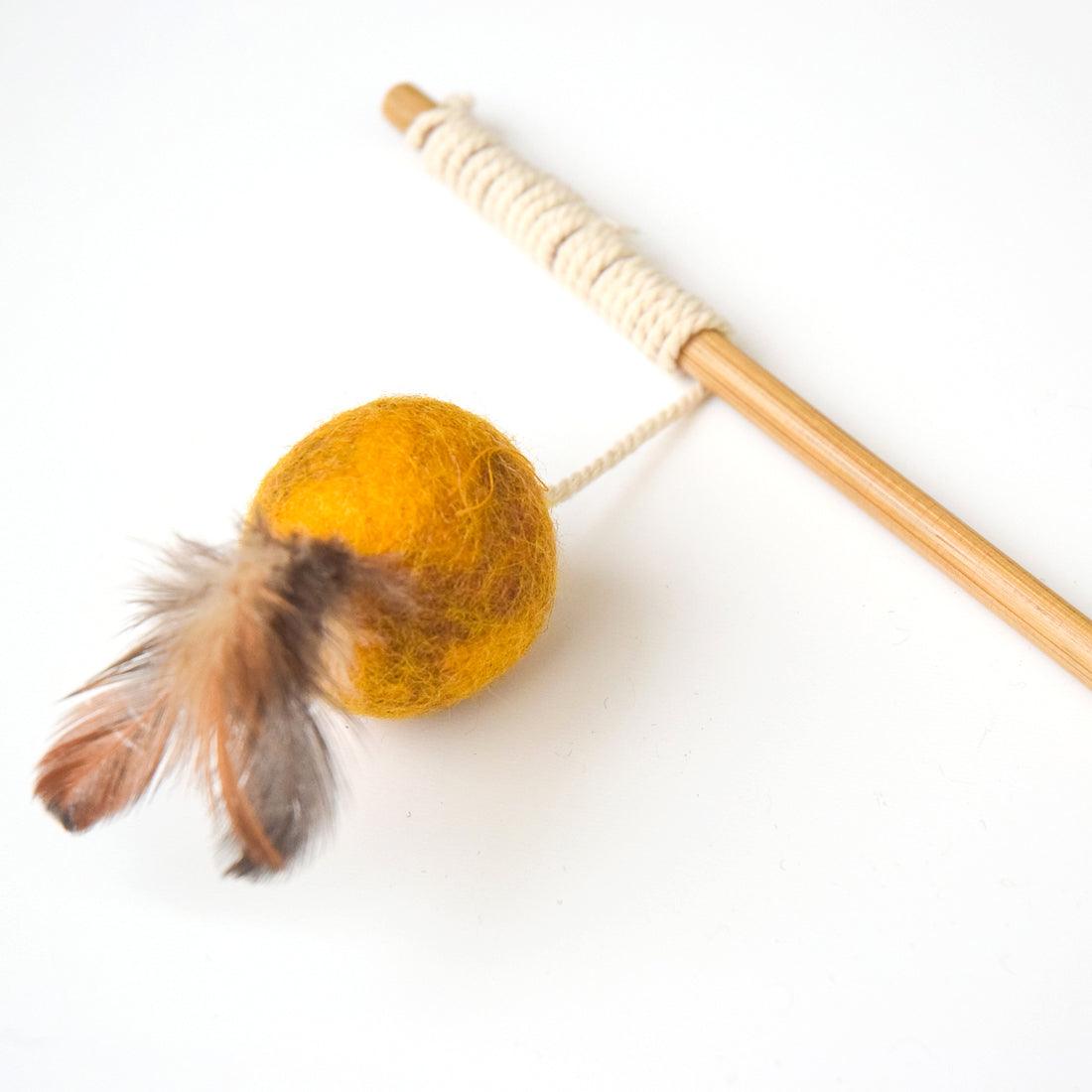 Feather Teaser Ball Cat Wand - Mustard - Tara Treasures