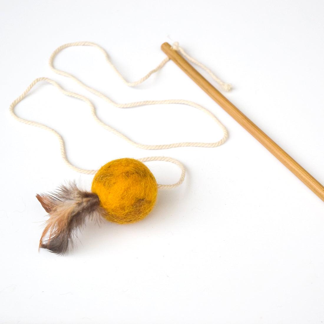 Feather Teaser Ball Cat Wand - Mustard - Tara Treasures
